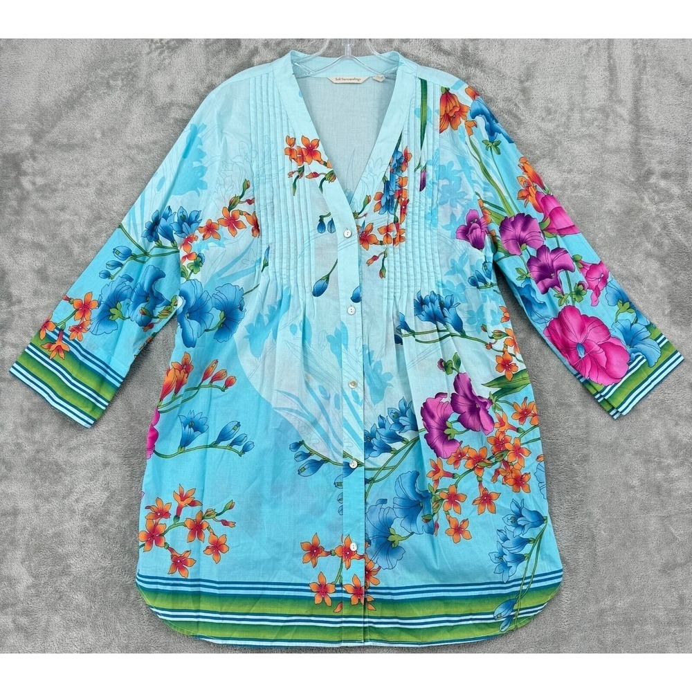Soft Surroundings Dress Womens Large A Line Pleated Floral Cottage Bohemian Blue